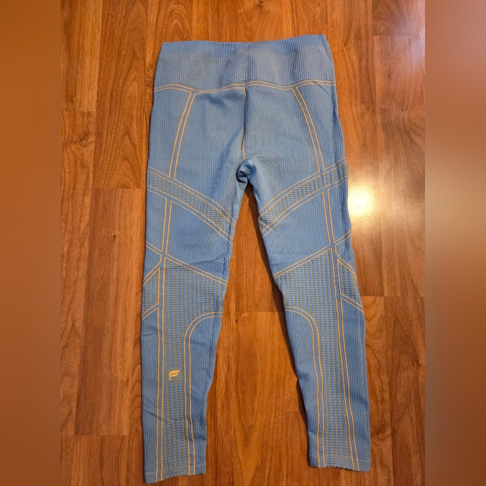 Fabletics Blue Leggings with Yellow Stitching
